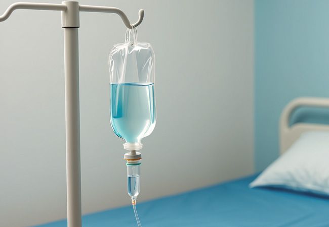 Капельница с прозрачной голубой жидкостью висит на белой стойке в пустой больничной палате